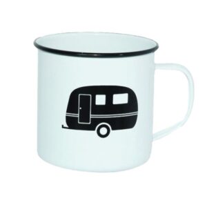 White & Black Enamel Coated Retro Mug with Retro style Caravan